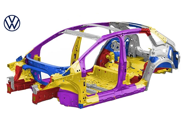 Desglose de la carrocer&iacute;a Volkswagen en blanco: acero conformado en caliente, suave y de alta resistencia; Aplicaci&oacute;n de aluminio
